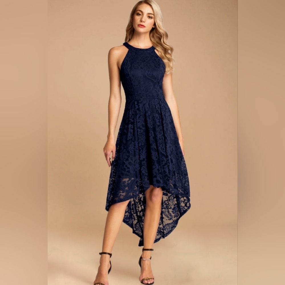 Dressystar Halter Floral Lace Hi-Lo Dress Navy M
